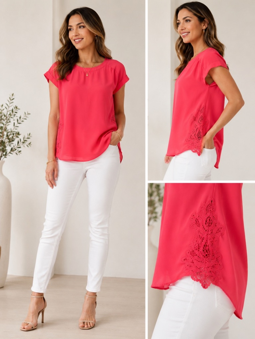 Eyeshadow Coral Pink Short Sleeve Embroidered Tunic Blouse